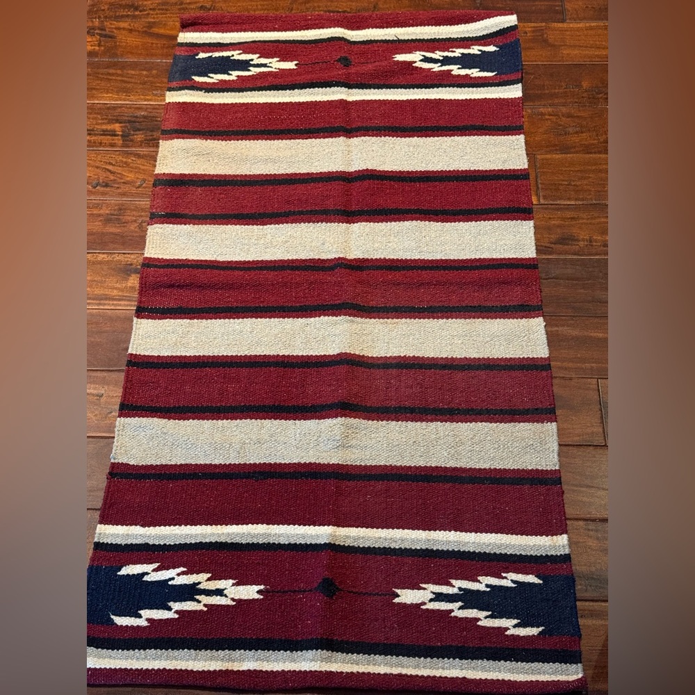 Southwestern Stripe Wool-Navajo Rug in Burgundy, Cream & Navy 57” x 29”
